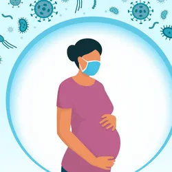 Pregnant woman wearing a face mask and protecting herself from infection, prevention and immunity concept, signifying that maternal health in mice affected neurodevelopment in fetuses.