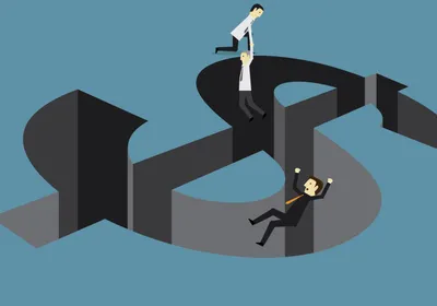 Illustration of a hole in the shape of a dollar sign on a blue background. One character is falling into the hole at the bottom of the “S” while another individual is holding another up at the top of the “S”. The image represents the absence of funding for researchers in biotech with the cancellation of the SBIR/STTR program.  