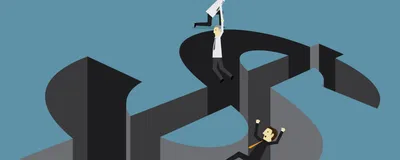 Illustration of a hole in the shape of a dollar sign on a blue background. One character is falling into the hole at the bottom of the “S” while another individual is holding another up at the top of the “S”. The image represents the absence of funding for researchers in biotech with the cancellation of the SBIR/STTR program. Illustration of a hole in the shape of a dollar sign on a blue background. One character is falling into the hole at the bottom of the “S” while another individual is holding another up at the top of the “S”. The image represents the absence of funding for researchers in biotech with the cancellation of the SBIR/STTR program.