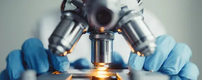 A close-up view of a light microscope with a scientist sitting behind it wearing blue gloves.