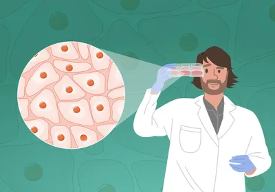 An illustration of James Trosko, now a cancer biologist at Michigan State University, with long brown hair and close beard wearing a white lab coat on the right of the image. He is holding a cell culture plate and looking at it inquiringly. On the left is a call out showing where, in the cell culture dish, pink, irregular cells are sitting close to one another. The background is an image of these same cells in a green overlay.