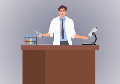 Image of a man in a laboratory looking frustrated with his failed experiment.