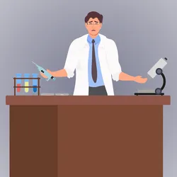 Image of a man in a laboratory looking frustrated with his failed experiment. Image of a man in a laboratory looking frustrated with his failed experiment.