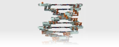 Image of Lego DNA which features a sugar-phosphate backbone with base-pair molecular structures.