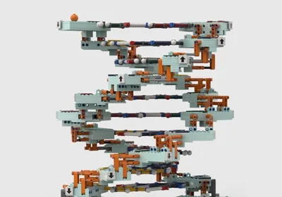 Image of Lego DNA which features a sugar-phosphate backbone with base-pair molecular structures.