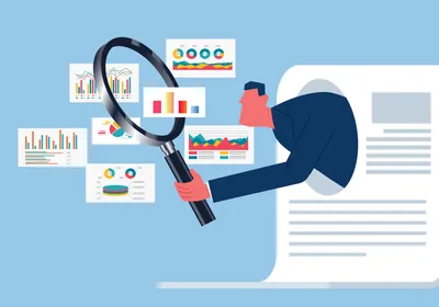 A vector drawing shows a man with a magnifying glass coming out of a paper and scrutinizing scientific data and charts.