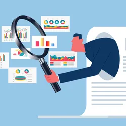 A vector drawing shows a man with a magnifying glass coming out of a paper and scrutinizing scientific data and charts.