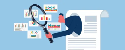 A vector drawing shows a man with a magnifying glass coming out of a paper and scrutinizing scientific data and charts.