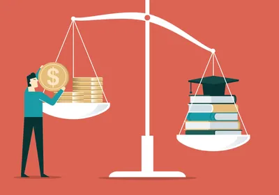 Cartoon showing a balance scale on an orange background. On the right side of the scale, a stack of books with a college graduation cap pulls the scale down. On the left, a cartoon person is adding more gold coins to the scale to try to balance the cost. This image illustrates the high cost of academic publishing that researchers experience. 