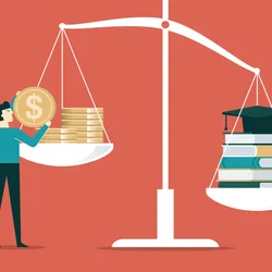 Cartoon showing a balance scale on an orange background. On the right side of the scale, a stack of books with a college graduation cap pulls the scale down. On the left, a cartoon person is adding more gold coins to the scale to try to balance the cost. This image illustrates the high cost of academic publishing that researchers experience. Cartoon showing a balance scale on an orange background. On the right side of the scale, a stack of books with a college graduation cap pulls the scale down. On the left, a cartoon person is adding more gold coins to the scale to try to balance the cost. This image illustrates the high cost of academic publishing that researchers experience.