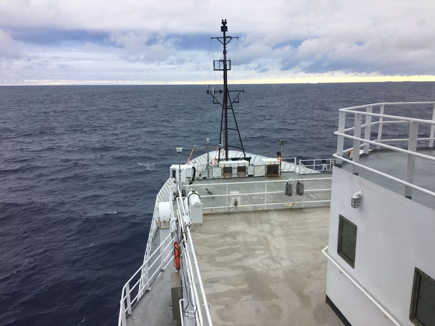 The ship used on the GO-SHIP P18 expedition in 2017 sails on the ocean near Easter Island at the start of its journey.