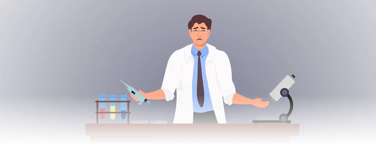 Image of a man in a laboratory looking frustrated with his failed experiment.