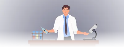 Image of a man in a laboratory looking frustrated with his failed experiment.