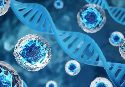 A graphic of cells and DNA double helices