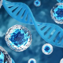 A graphic of cells and DNA double helices