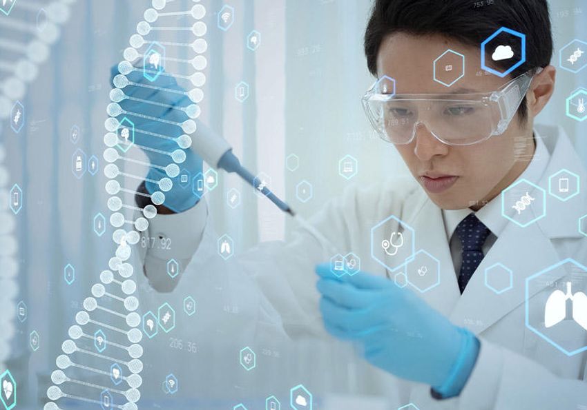 A photo of a scientist pipetting into a tube, with DNA and other scientific imagery overtop