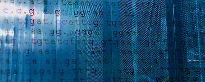 DNA data with server room racks in the back. DNA data with server room racks in the back.