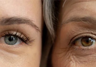 Half of a young woman’s face is shown on the left, and half of an older woman’s face is on the right, representing aging.