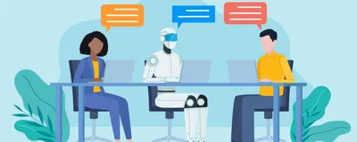 Two employees sit at a desk working on laptops with an AI robot. They have conversation bubbles above them.