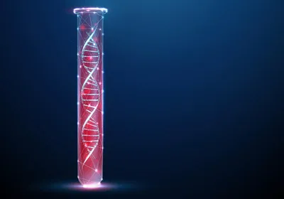 Graphic of a blue DNA double helix within a red test tube Graphic of a blue DNA double helix within a red test tube