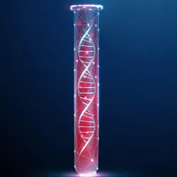 Graphic of a blue DNA double helix within a red test tube