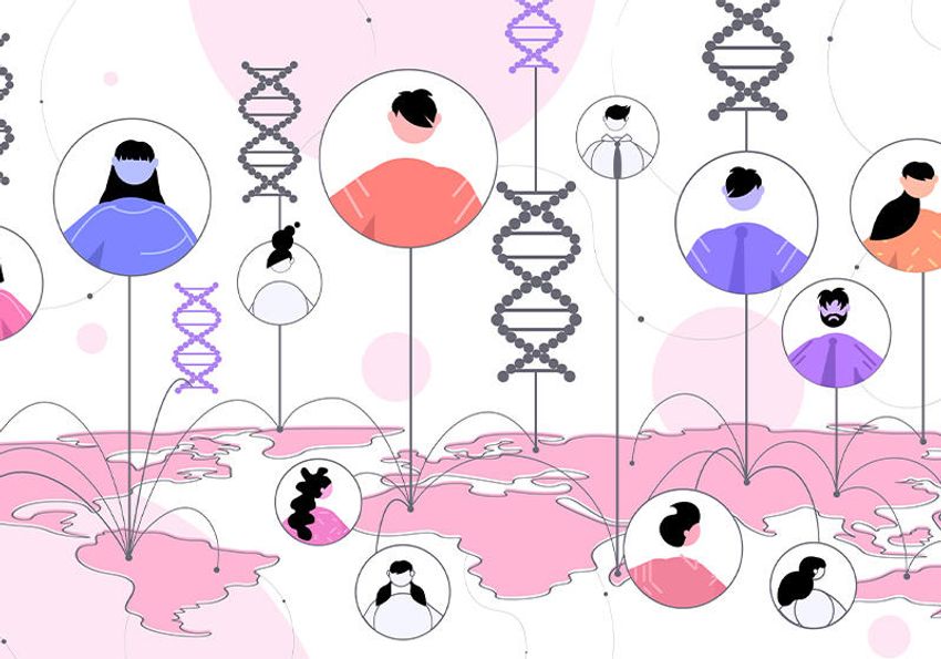 A graphic of the globe, showing people and their DNA from around the world A graphic of the globe, showing people and their DNA from around the world