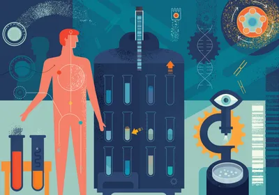 Conceptual multicolored vector image of cancer research, depicting various biomedical approaches to cancer therapy