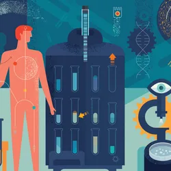 Conceptual multicolored vector image of cancer research, depicting various biomedical approaches to cancer therapy