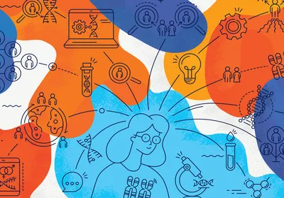 Line-drawing of a scientist surrounded by cartoons of lightbulbs, gears, and DNA icons to represent ideas coming from her head. Irregular shapes in dark and light blue and orange are overlayed the drawings to add color. The image represents new ideas in science communication. 