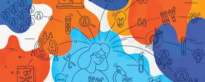 Line-drawing of a scientist surrounded by cartoons of lightbulbs, gears, and DNA icons to represent ideas coming from her head. Irregular shapes in dark and light blue and orange are overlayed the drawings to add color. The image represents new ideas in science communication. 