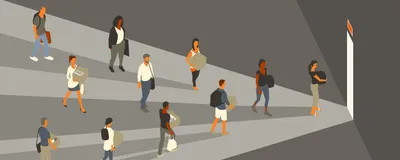 Illustration showing several cartoon people holding their office belongings and walking toward an open door on the right of the image that casts a white beam of light across the otherwise gray background of the image. This represents the multiple career scientists that left leadership positions across the NIH. 