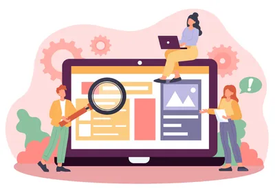 Illustration of three cartoon figures around a laptop. One on the left holds a magnifying glass to the screen, one sits on top of the screen holding a laptop in their lap, and a third stands on the right holding a paper. 