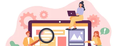 Illustration of three cartoon figures around a laptop. One on the left holds a magnifying glass to the screen, one sits on top of the screen holding a laptop in their lap, and a third stands on the right holding a paper.