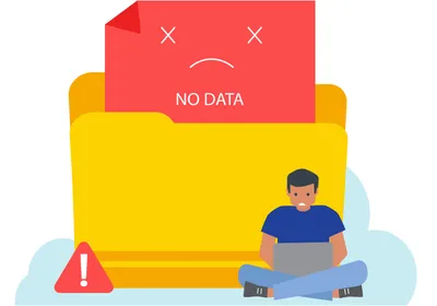 A cartoon red file with a sad face and cross eyes with the annotation “No Data” is in a yellow folder. A cartoon person sits in front of the folder with a computer on their lap, signifying the public, physicians, and policymakers seeking public health surveillance data from the CDC, many of which are missing, altered, or outdated. 