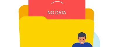 A cartoon red file with a sad face and cross eyes with the annotation “No Data” is in a yellow folder. A cartoon person sits in front of the folder with a computer on their lap, signifying the public, physicians, and policymakers seeking public health surveillance data from the CDC, many of which are missing, altered, or outdated. 