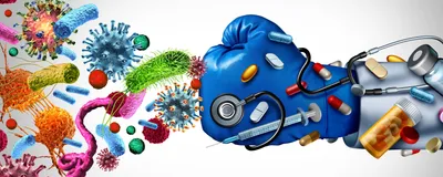 A blue boxing glove covered in pills, vaccines, and medical equipment, punches infectious diseases.