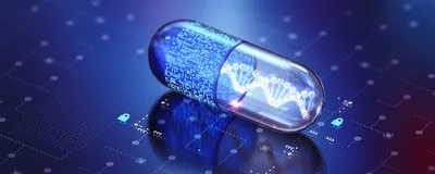 A pill is shown on a blue technical background. One half of the pill has a DNA helix on it, and the other half has a depiction of a computer chip, representing the role of artificial intelligence in drug development.