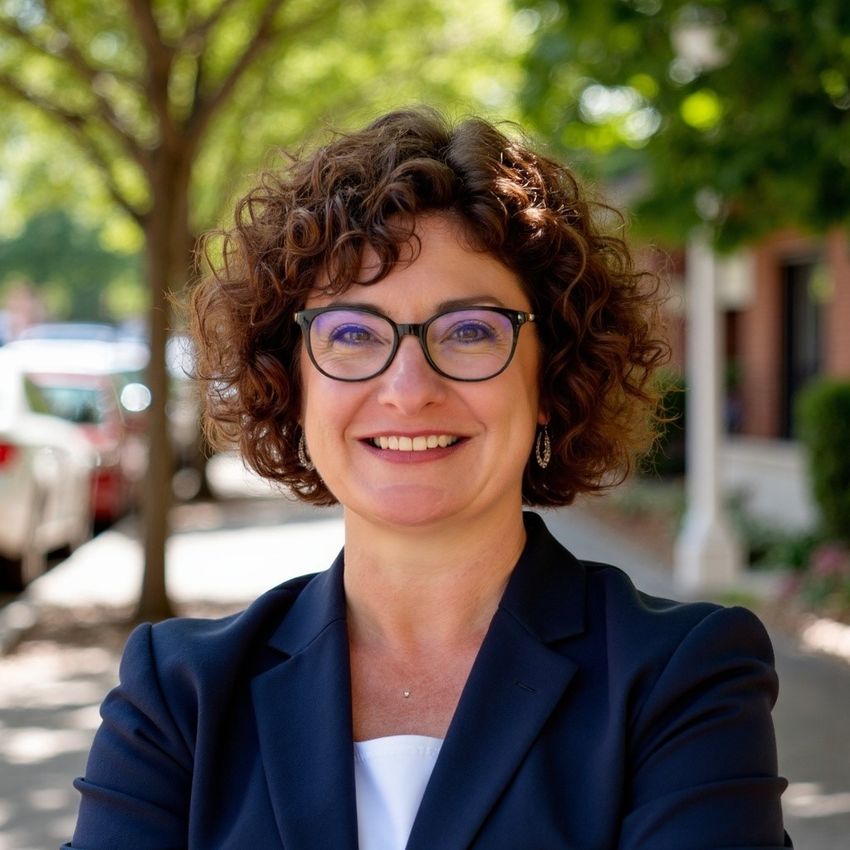 Kim Boericke wears a dark suit jacket and glasses in a photo taken outside.