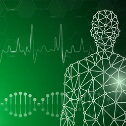 Conceptual image of AI technology for human health research green and white on a black background.