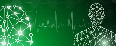 Conceptual image of AI technology for human health research green and white on a black background.