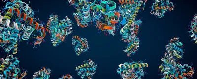 3D illustration of colorful proteins against a dark blue background.