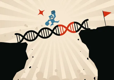 Image of a blue man running along a DNA bridge to cross over the cliff to get to the red flag.