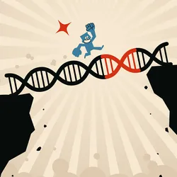 Image of a blue man running along a DNA bridge to cross over the cliff to get to the red flag.