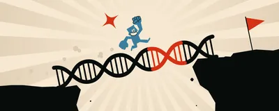 Image of a blue man running along a DNA bridge to cross over the cliff to get to the red flag.