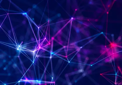 A series of dots and connecting lines in purple, red, and blue, which represent intercellular interactions.