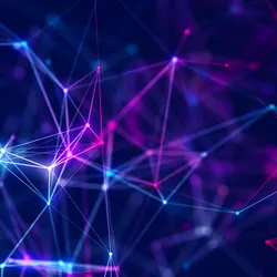 A series of dots and connecting lines in purple, red, and blue, which represent intercellular interactions.