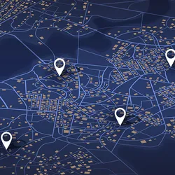 A map showing multiple GPS pins scattered among intersecting road lines and yellow squares. The image is a metaphor for spatial proteomics.