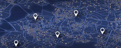 A map showing multiple GPS pins scattered among intersecting road lines and yellow squares. The image is a metaphor for spatial proteomics