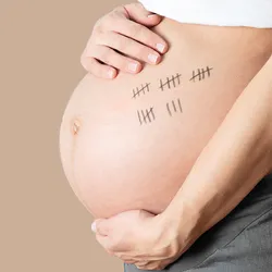 A pregnant woman holds her belly. Tally marks drawn on her stomach add up to the prime number 23.