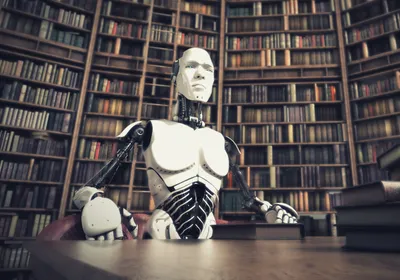 A robot sits in a library, symbolizing OpenScholar, a large language model trained exclusively on scientific publications to help researchers keep up with the growing body of literature.